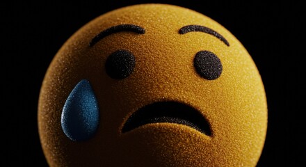 Conceptual representation of sorrow with a three-dimensional sad crying emoji and a single teardrop on a black background