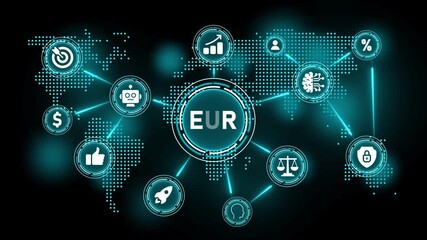 EUR currency concept with world map and glowing icons for finance and technology Euro - Powered by Adobe