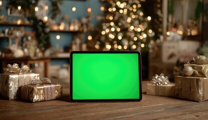 Tablet with green screen on table amidst Christmas gifts and tree
