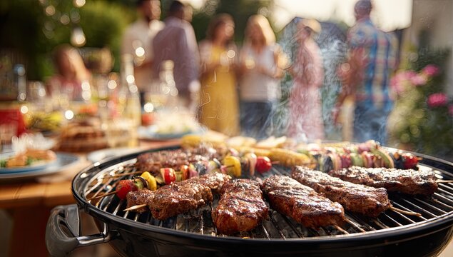 Juicy grilled meats and vegetables cooking on a BBQ with people - Powered by Adobe