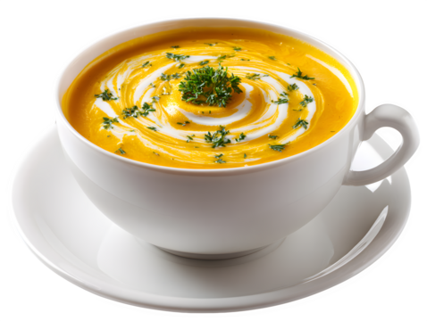 Warm and comforting bowl of creamy pumpkin soup garnished with fresh herbs and a swirl of cream.