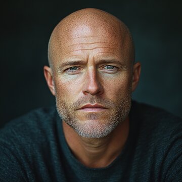 A bald man with sharp features gazes intensely into the lens, full of emotion