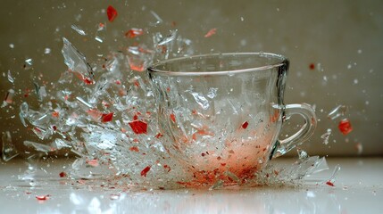 A glass cup bursts into pieces, scattering bright red shards across a plain surface