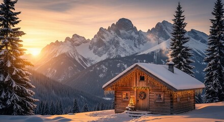 Cozy cabin nestled in the snowy mountains at sunset with christmas lights