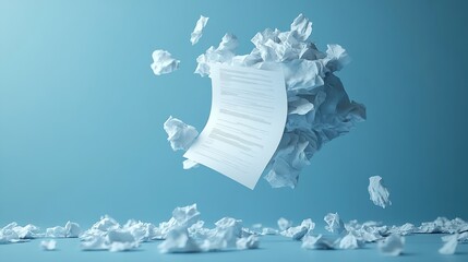 A sheet of crumpled paper hovers above a blue surface surrounded by more crumpled paper