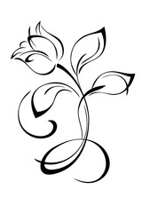stylized flower on a curved stem with leaves and curls; graphic decor