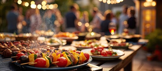 Delicious grilled skewers and various dishes on a table with people in background