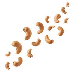 Group of Cashew Nuts Flying Isolated on White or Transparent Background