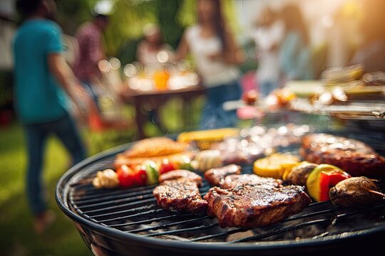 Outdoor barbecue with grilled meats and vegetables - Powered by Adobe