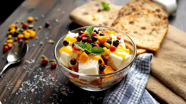 Indian dessert with paneer, fruits, and syrup in a bowl on a wooden table