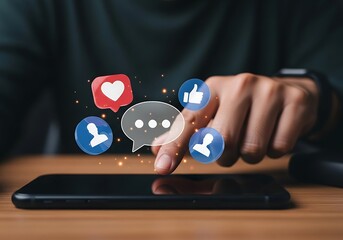 Hand interacting with social media icons floating above smartphone screen