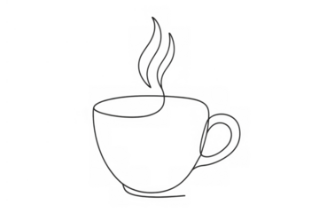 Coffee cup line drawing with steam on transparent background representing hot drink and beverage concepts