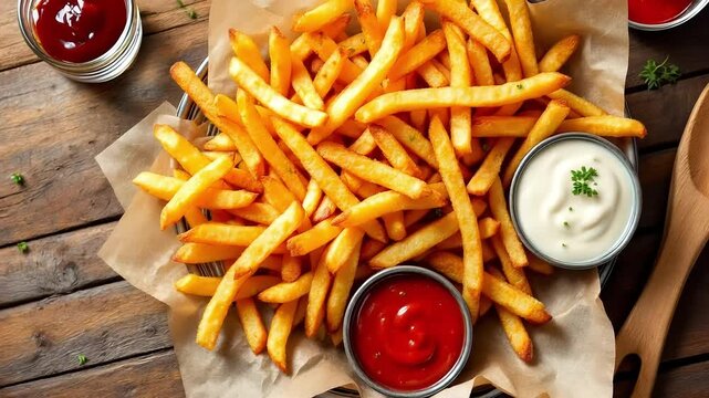 Overhead view of crispy french fries with ketchup and mayonnaise on table