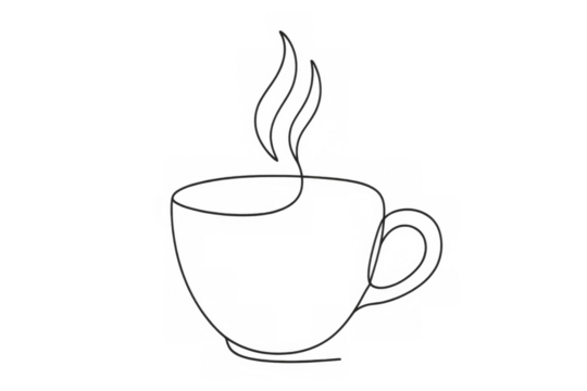 Coffee cup line drawing with steam on transparent background representing hot drink and beverage concepts