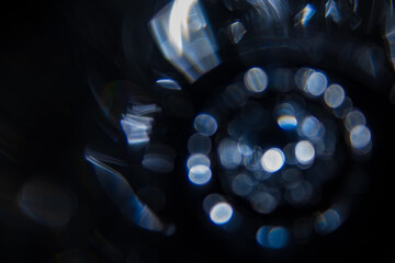 Glass reflections on the lens, spectrum colors, rainbows, bokeh in the dark