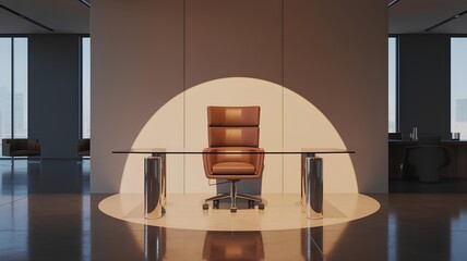 Executive spotlight showcases modern office setup with glass desk and chair
