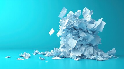 A bright blue background showcases a creative pile of crumpled paper