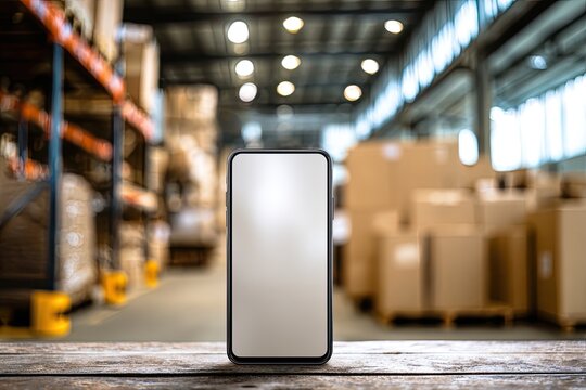 Smartphone on a wooden table in a dimly lit, expansive warehouse setting - Powered by Adobe