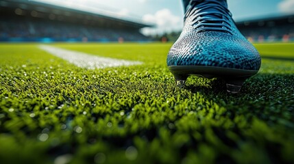 Shoes ready on vibrant field as players engage in an intense soccer game under the sun