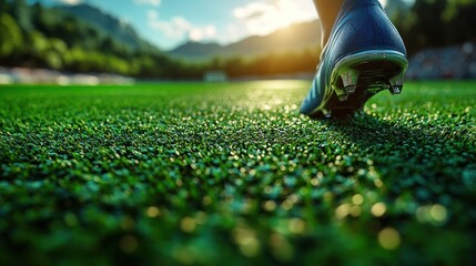 Cleats touch the vibrant grass during evening training as the sun sets behind mountains