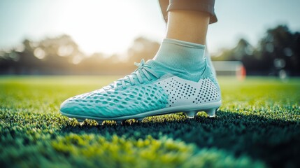 A soccer player stands on green grass, ready to kick the ball in the sun