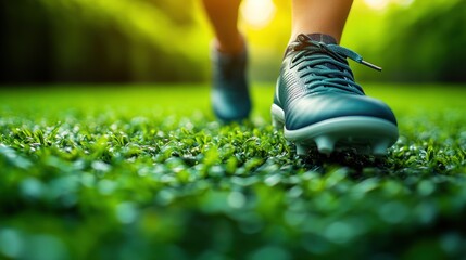 A player walks on a vibrant green field, showcasing their bright cleats in the sun