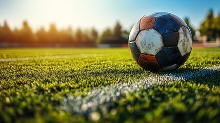 A vibrant soccer ball lies on a sunny grass field, ready for an exciting game to begin