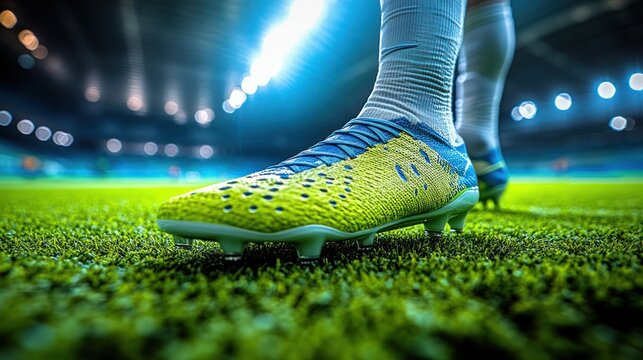 A bright soccer boot rests on lush green grass under stadium lights before the game