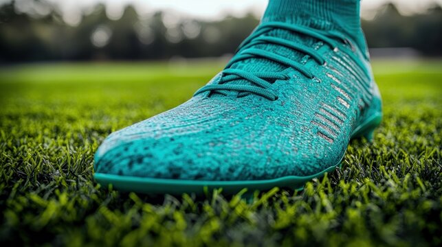 A sleek soccer shoe stands on vibrant turf as players prepare for a warm practice session
