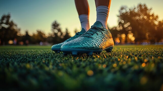 Players stand on bright green grass, ready for kickoff under a warm, golden sunset sky