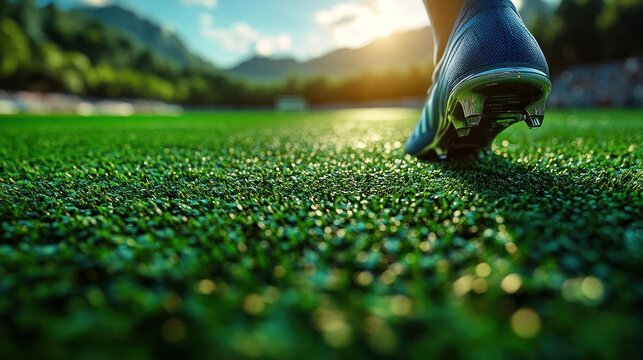 Cleats touch the vibrant grass during evening training as the sun sets behind mountains