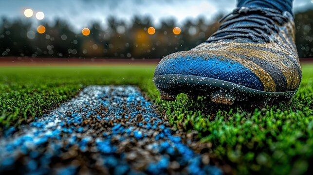 A soccer cleat stands on a muddy patch of grass, showcasing raindrops and vibrant colors