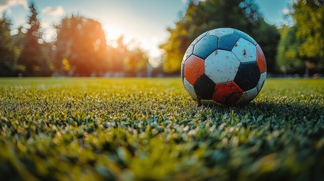 A bright soccer ball rests on green grass under the warm sunset light - Powered by Adobe