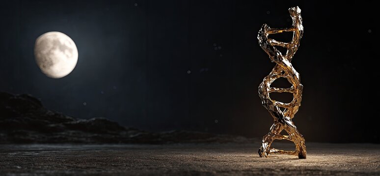 Golden DNA helix on barren moonscape under large moon
