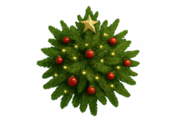 Christmas tree decorating concept with star, red ornaments and glowing lights, isolated on transparent background