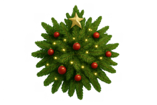 Christmas tree decorating concept with star, red ornaments and glowing lights, isolated on transparent background