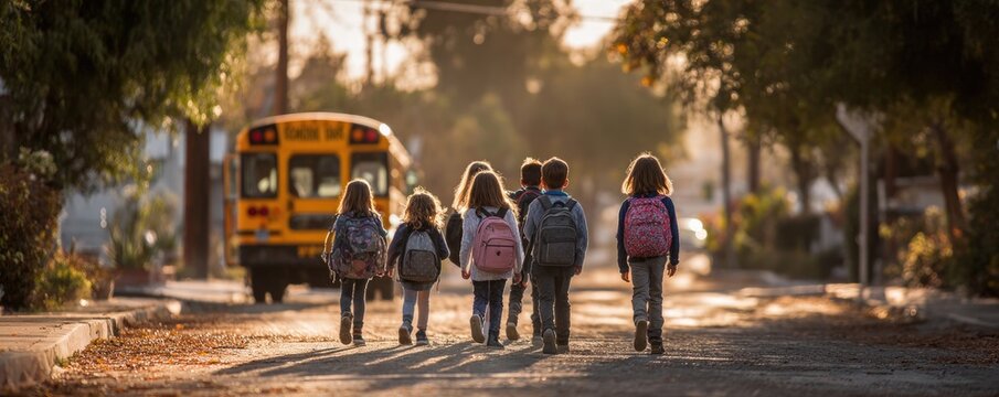 Children with backpacks walk down a street towards a yellow bus