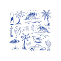 Blue line art surf beach scene with palm trees waves and car surfing ocean