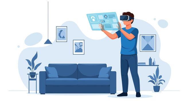 Immersive virtual reality experience in a modern living room with interactive display interface