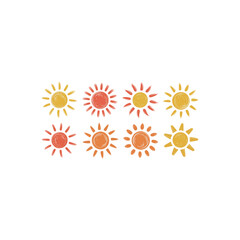 Eight hand drawn sun symbols in yellow orange and red drawing
