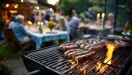 Outdoor dinner party with grilled sausages and festive lights