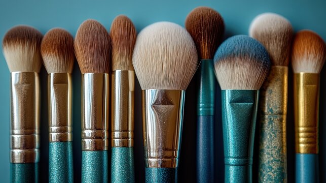 Various makeup brushes with soft bristles lined up, showcasing artistry and color