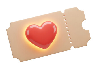 A glowing red heart on a vintagestyle ticket, isolated on transparent background