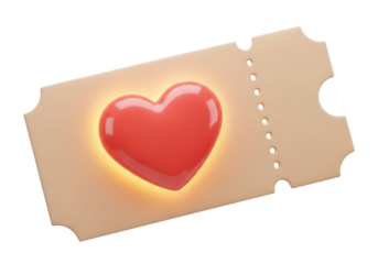 A glowing red heart on a vintagestyle ticket, isolated on transparent background