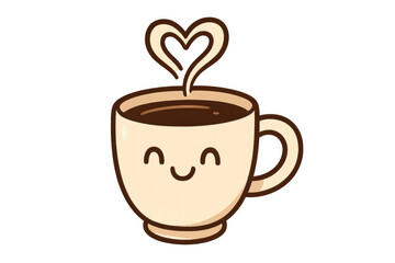 Obraz premium Cute coffee mug illustration in kawaii style with heart-shaped steam showing love and happiness, transparent background