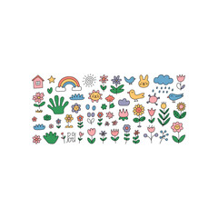 Cute doodle collection of flowers birds sun rainbow house and clouds illustration cartoon