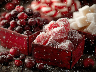 Colorful candy display with red and white sweets in wooden baskets during a festive winter setting