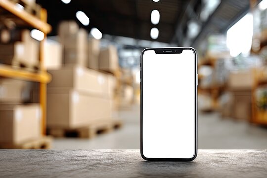 Smartphone with blank screen sits on a counter in a warehouse