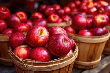 Fresh red apples piled high in rustic wooden baskets at a market