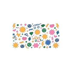 Colorful cartoon shapes and faces scattered on white background vector